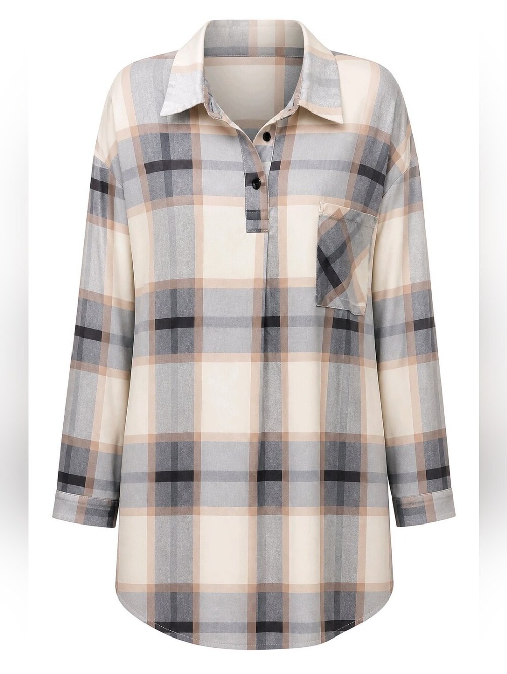 Sheilay Women’s Neutral Plaid Popover Tunic Top Size 2XL Relaxed & Classic 1045